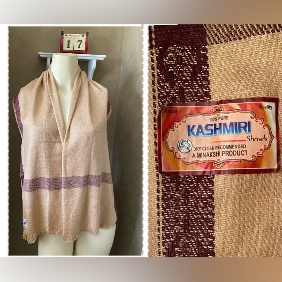 Balu Silks Lalgudi shawl Wrap 100% Cashmere, tan and Burgundy 57” x 24.5” - Picture 1 of 8